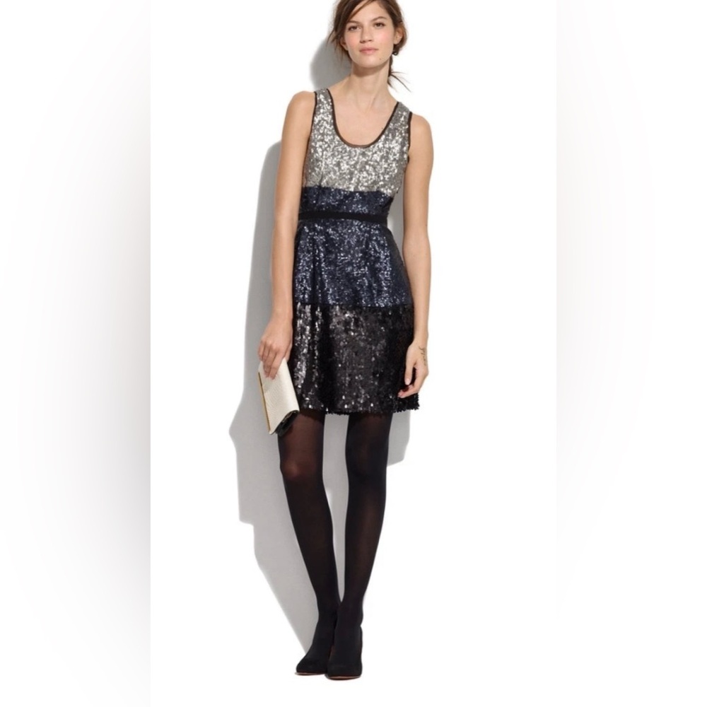 NWT Madewell Broadway & Broome Dress Women Silver Sz 00 Black Sequin Sleeveless